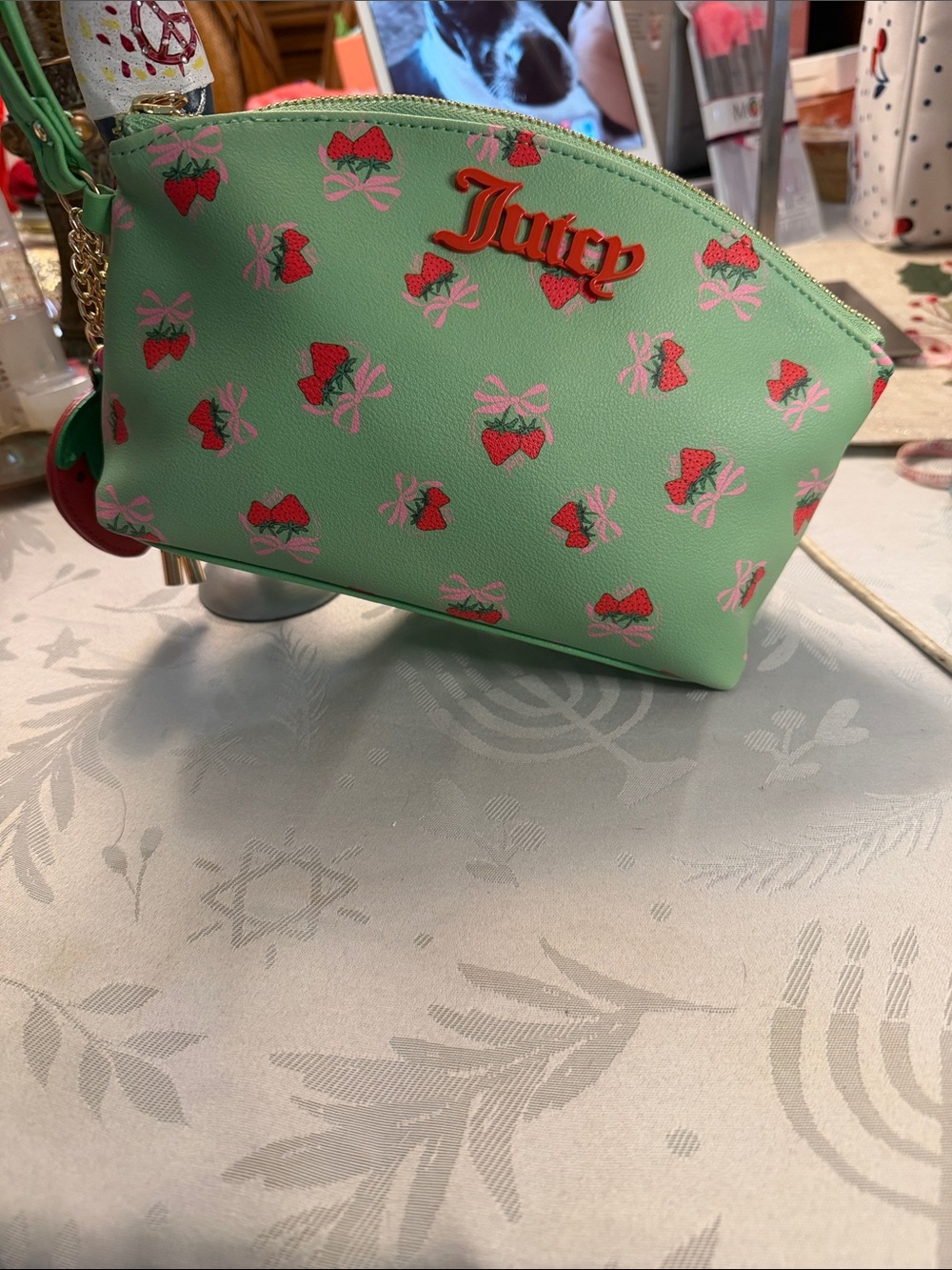 Juicy Couture Mint Green Cosmetic Bag with Red & Pink Strawberry Print